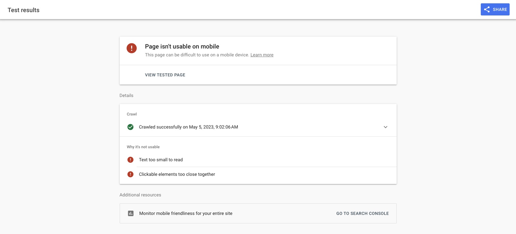 Screenshot of Google's mobile-friendly test results with details about when the page was crawled and why it's not usable