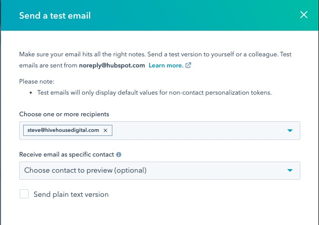 screenshot of the send a test email function in HubSpot. 