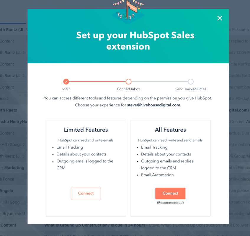 screenshot of the HubSpot sales extension features