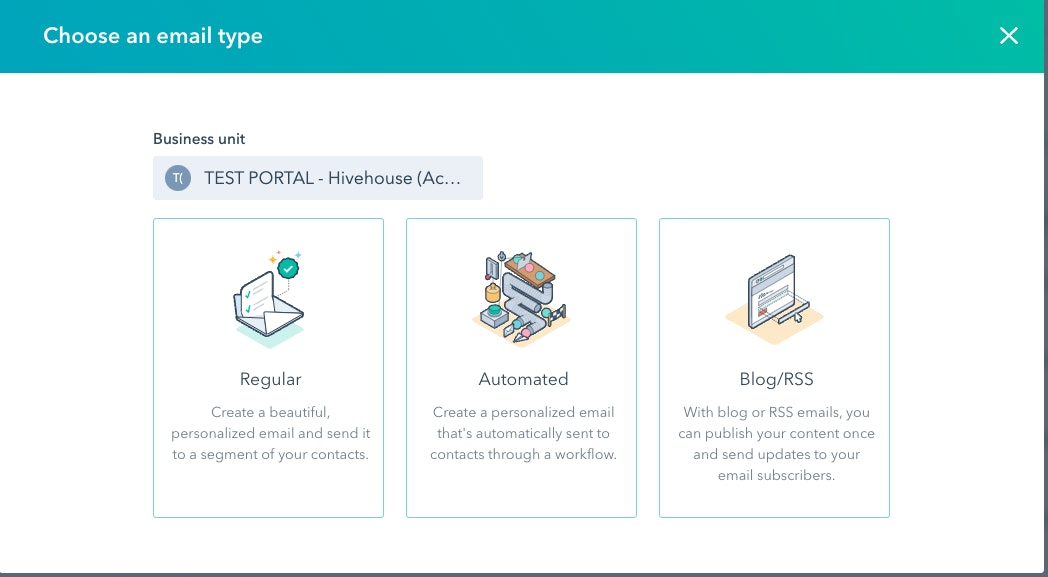 screenshot showing the three email options in HubSpot: Regular, Automated, and Blog/RSS. 