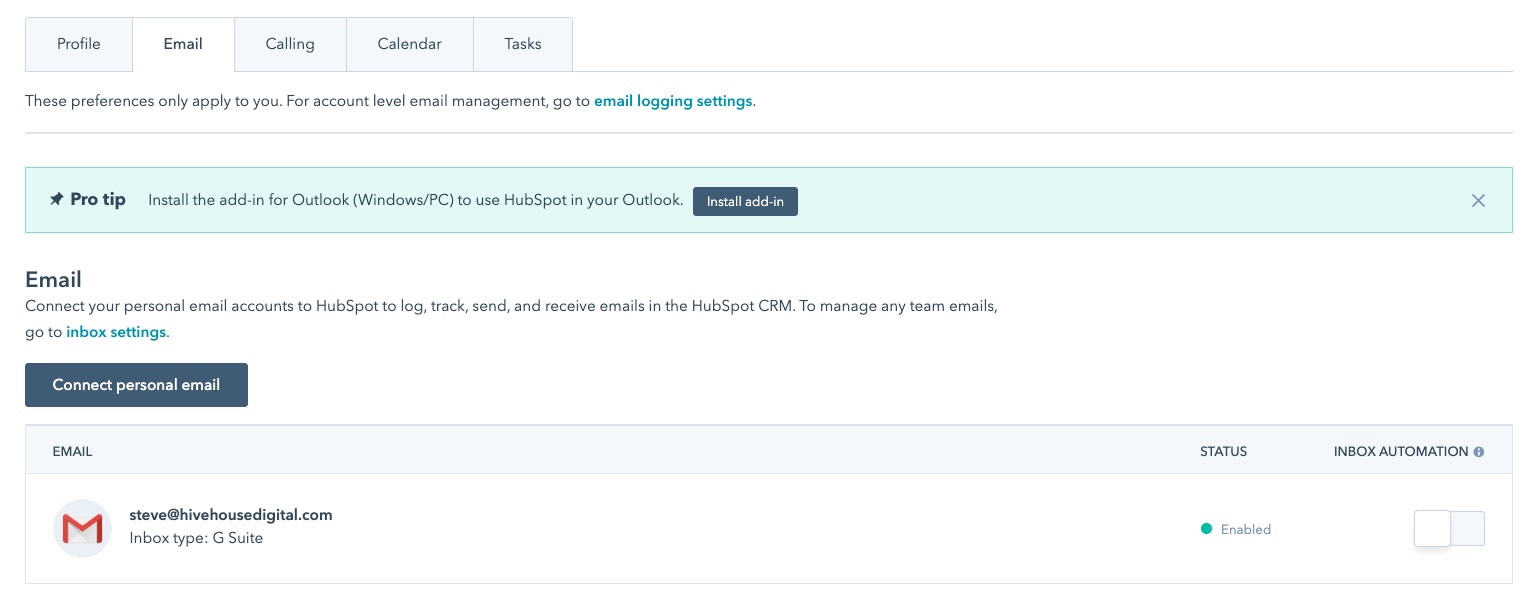 screenshot of the email settings in HubSpot