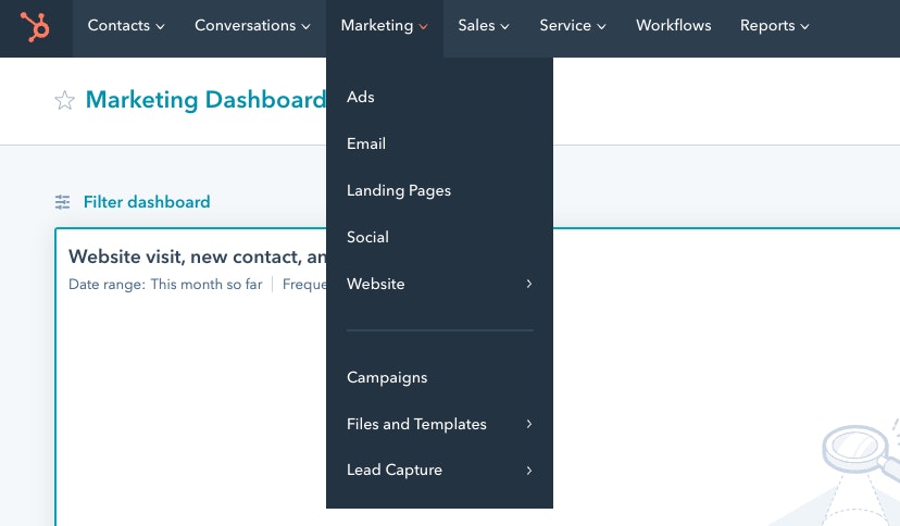 Screenshot of the HubSpot Marketing Hub, focusing on the Marketing drop down menu. 