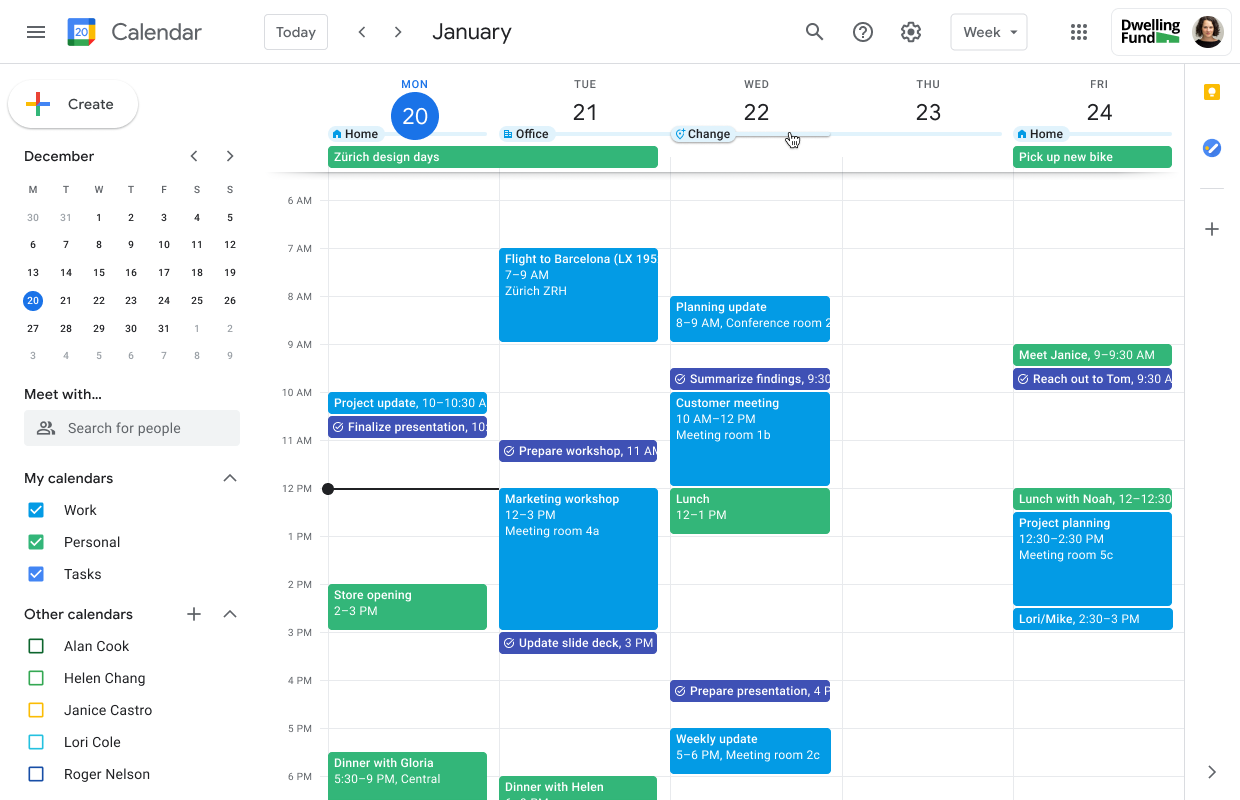 dashboard de Google Calendar