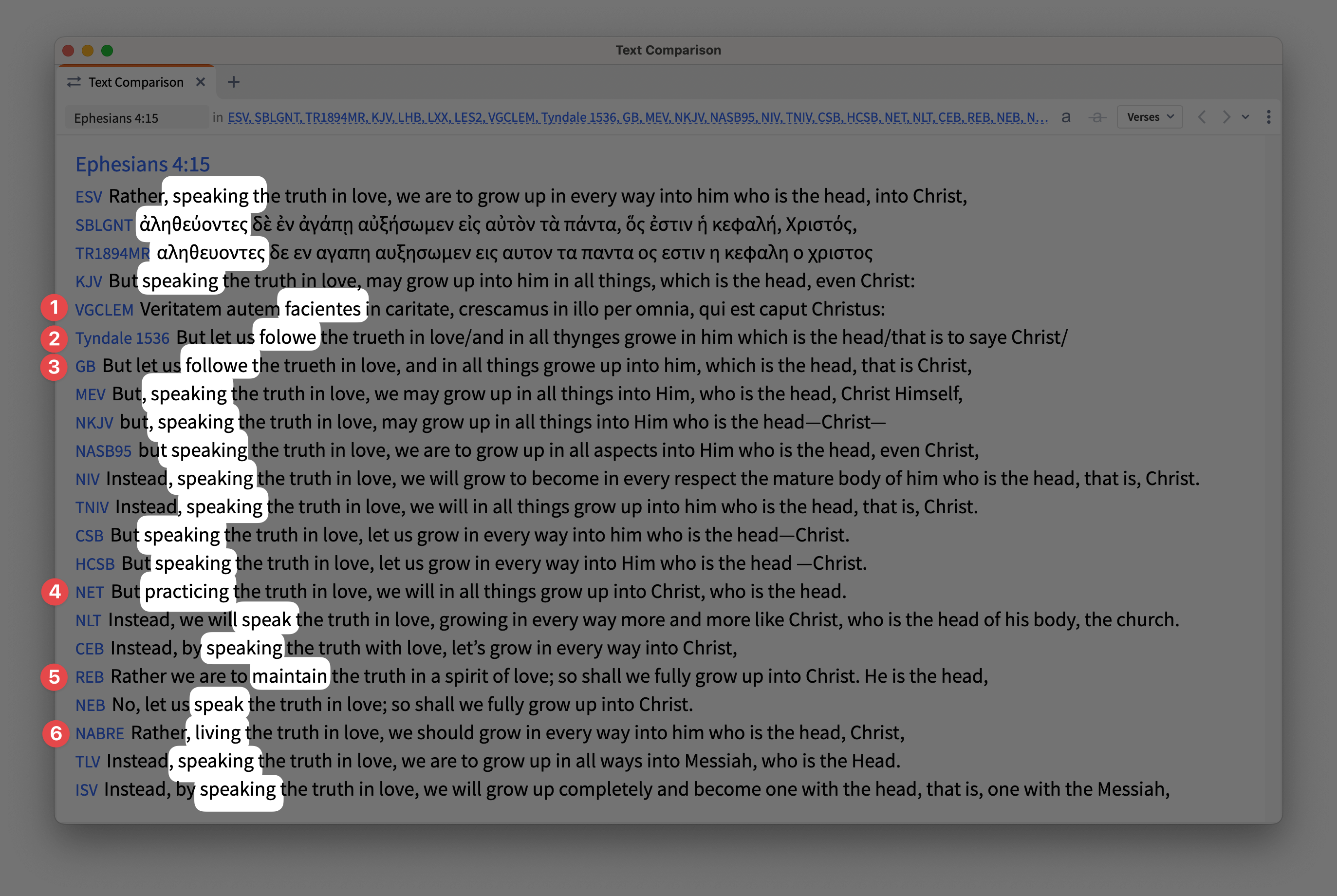 Comparison of different translations of Ephesians 4:15 in Logos Bible Software.