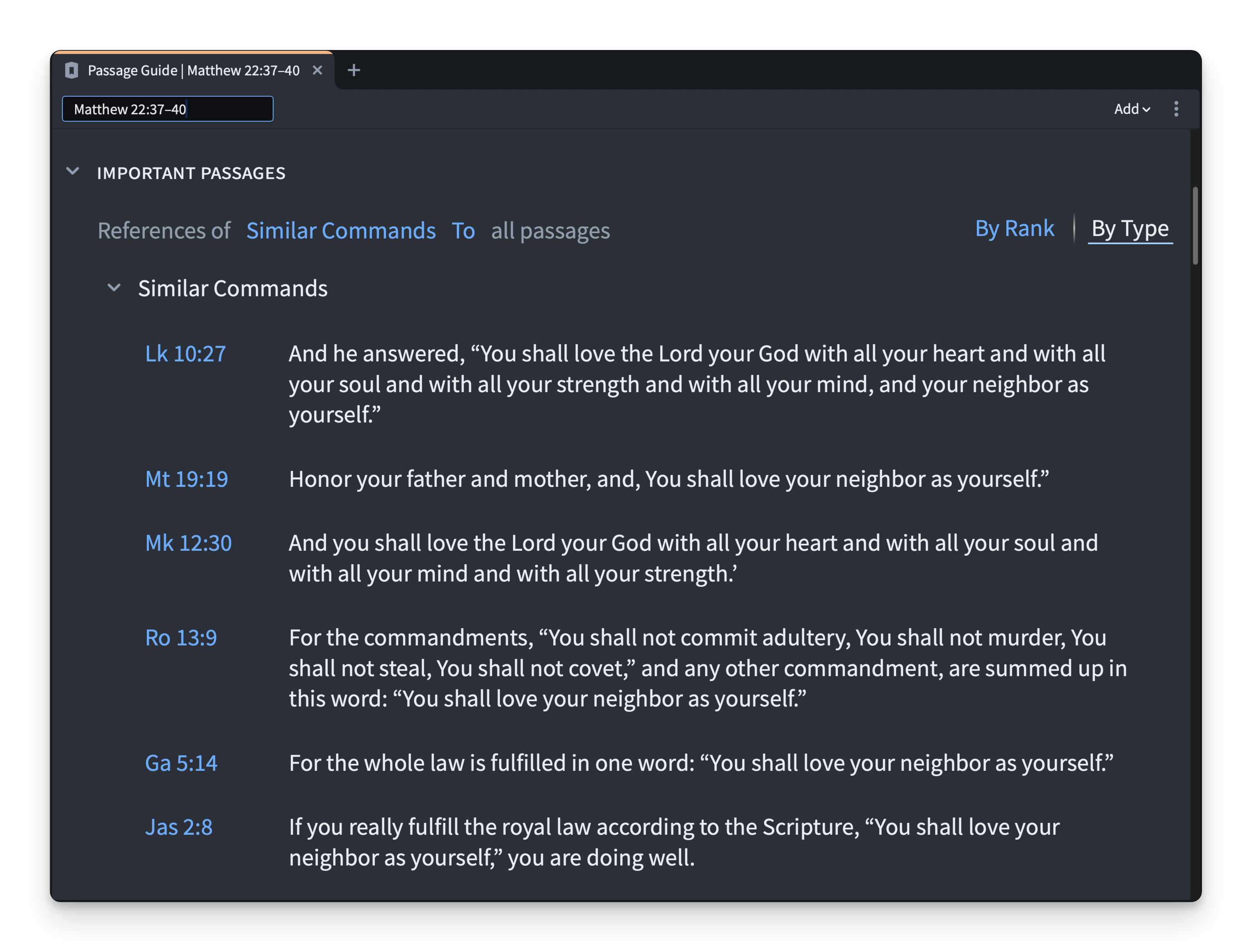 A screenshot of Logos's Passage Guide's Important Passages section to locate similar commands throughout the Bible.