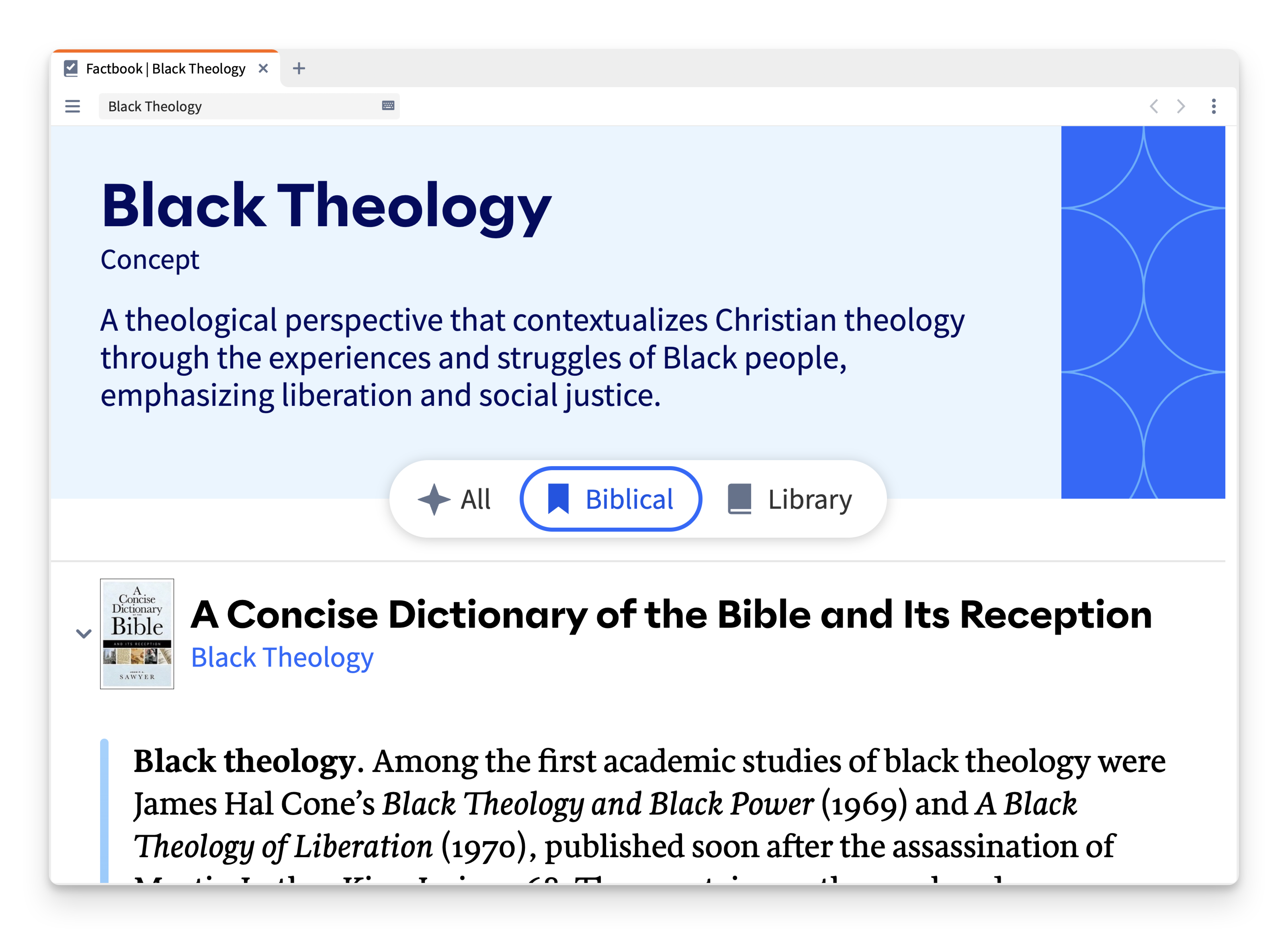 A screenshot of Logos's Factbook entry on Black Theology. 