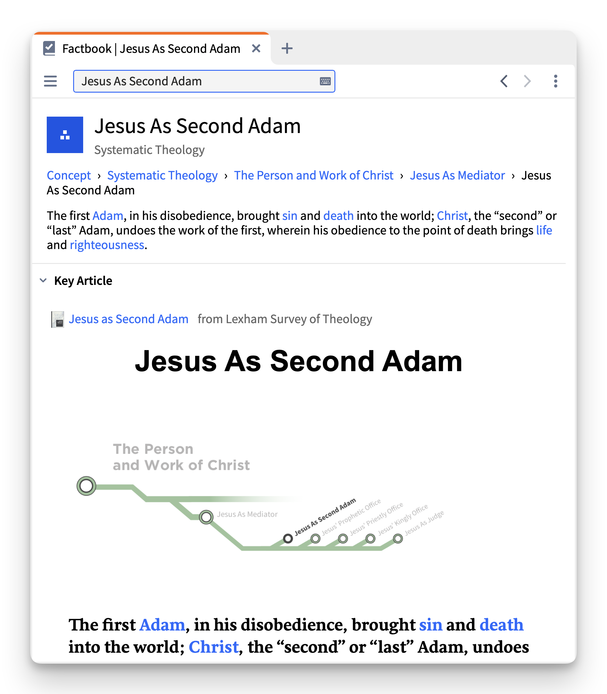 A screenshot of the Factbook tool in Logos open to a search of Jesus as Second Adam.