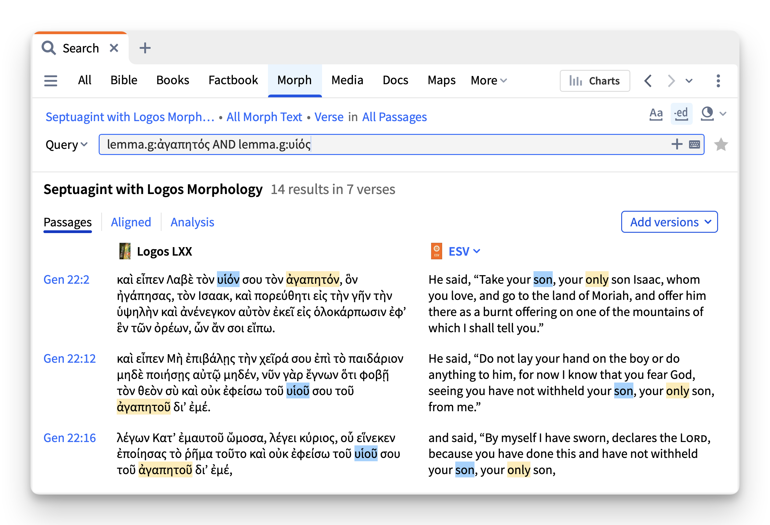 A screenshot of the Morph Search function in Logos showing the use of beloved son in the article about typology in the Old Testament.