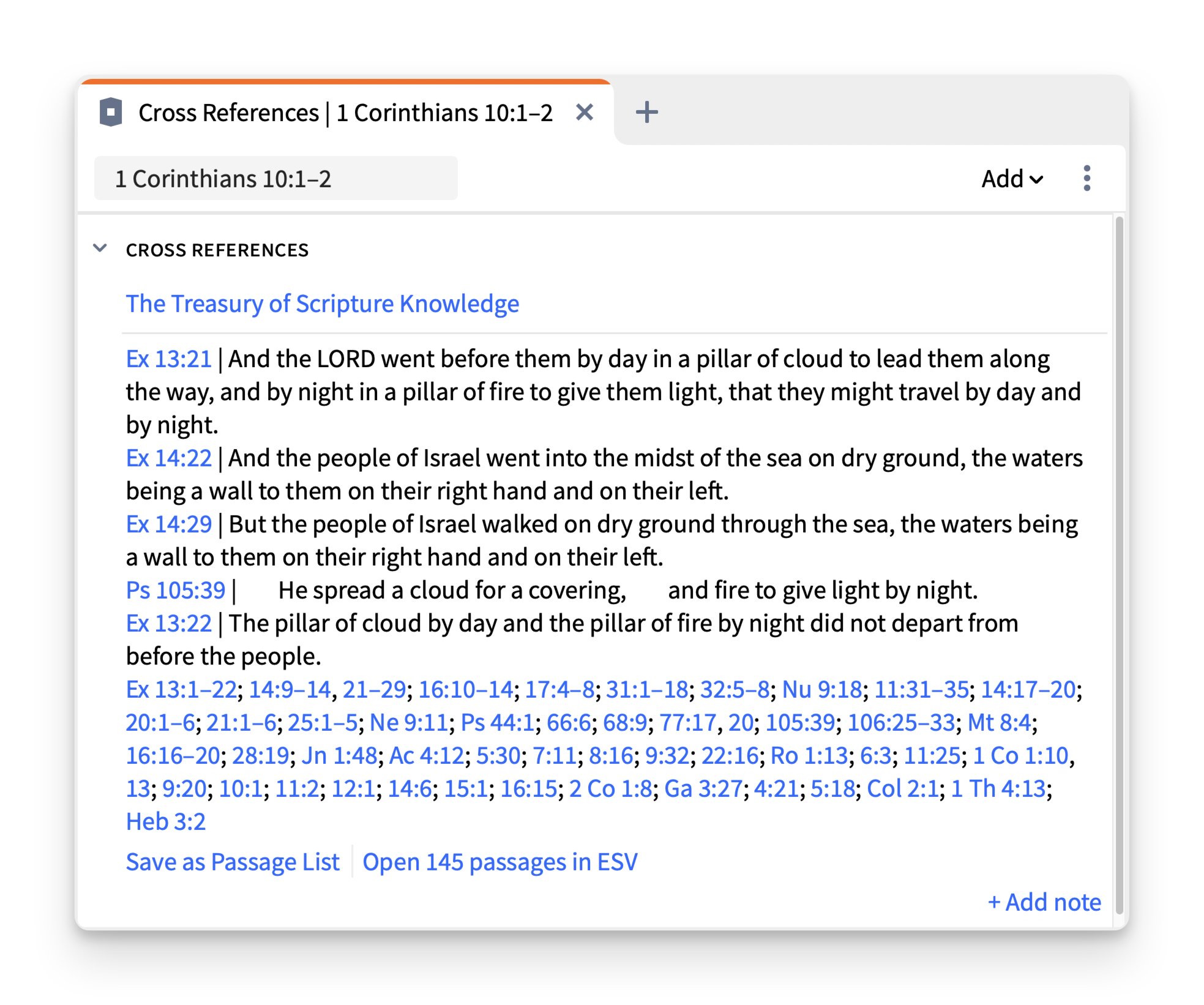 A screenshot of Logos's Cross Reference tool showing 1 Corinthians 10:1-2.