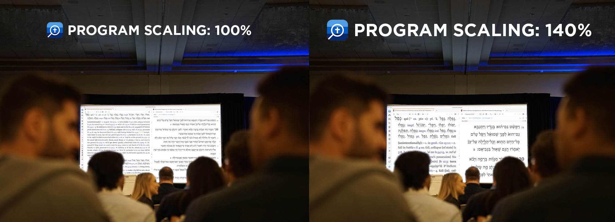 A photo comparison of program scaling at 100% and 140%