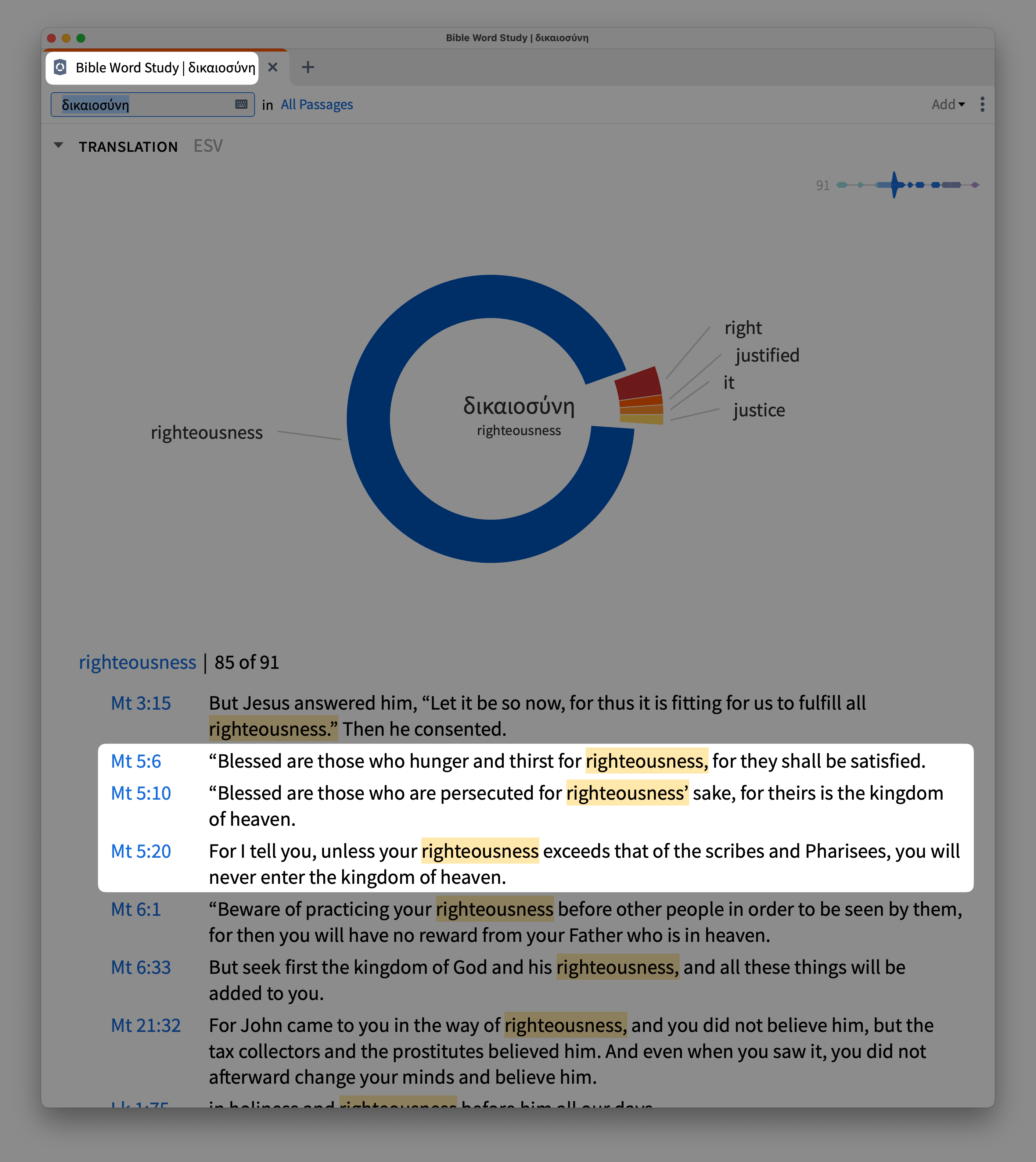 Logos Bible Word Study on dikaiosune (rightesousness)