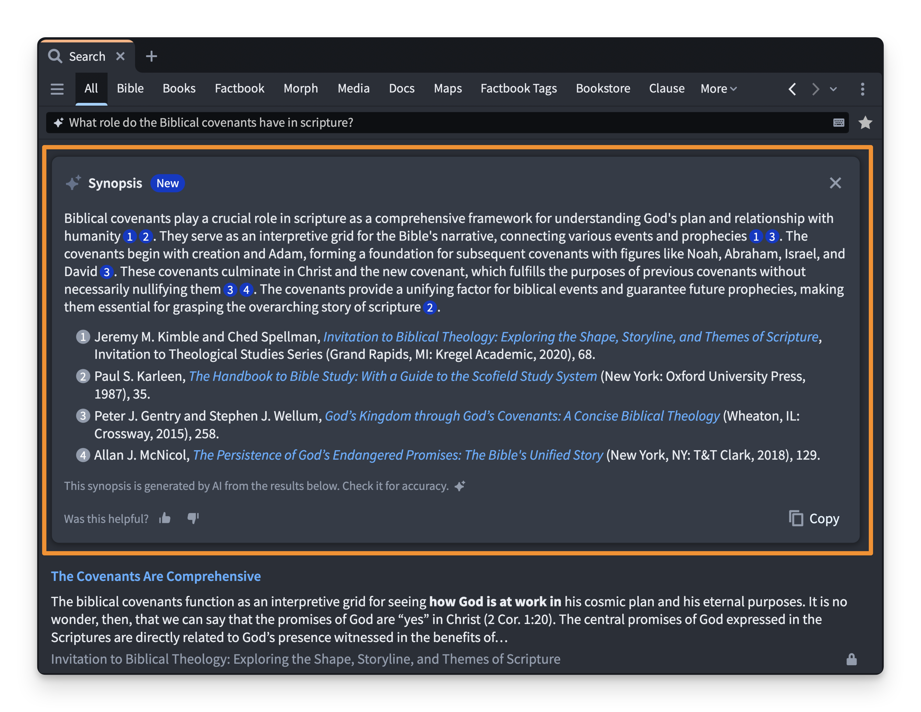 A screenshot of the Logos app in dark mode open to the Smart Search Synopsis. 