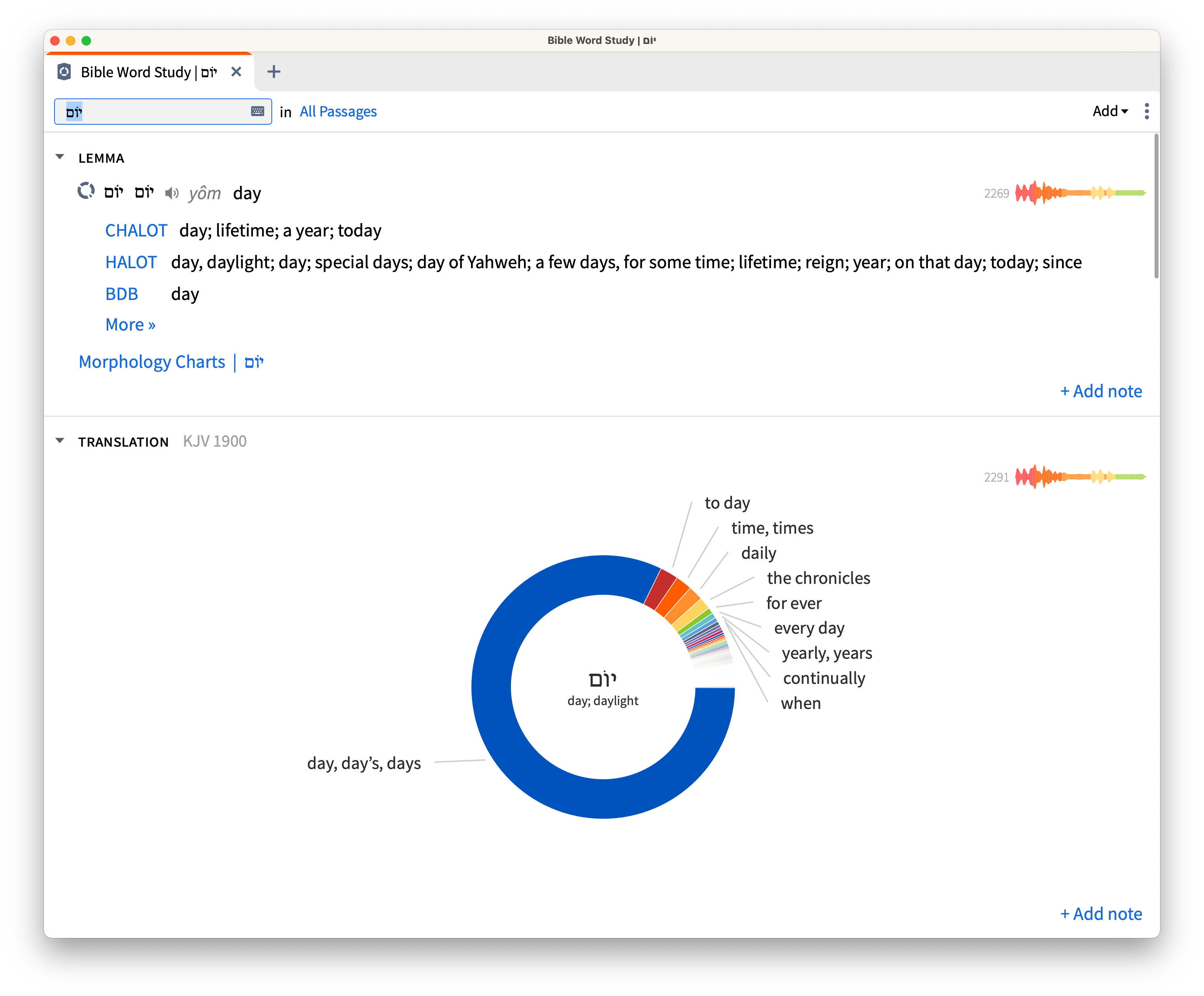 Bible Word Study window for the Hebrew word "yom" 