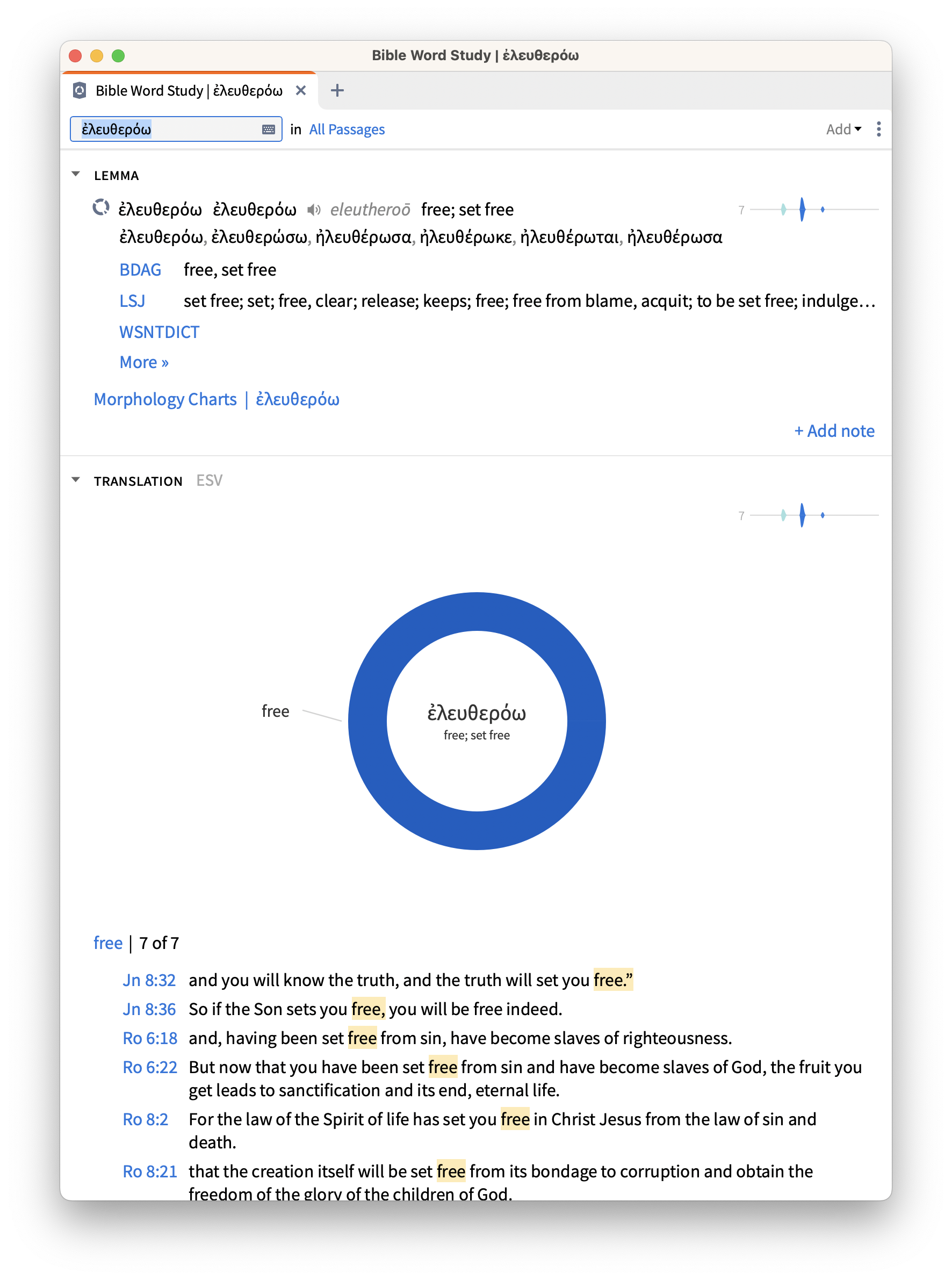 Search for the Greek word "free" in Logos Bible software