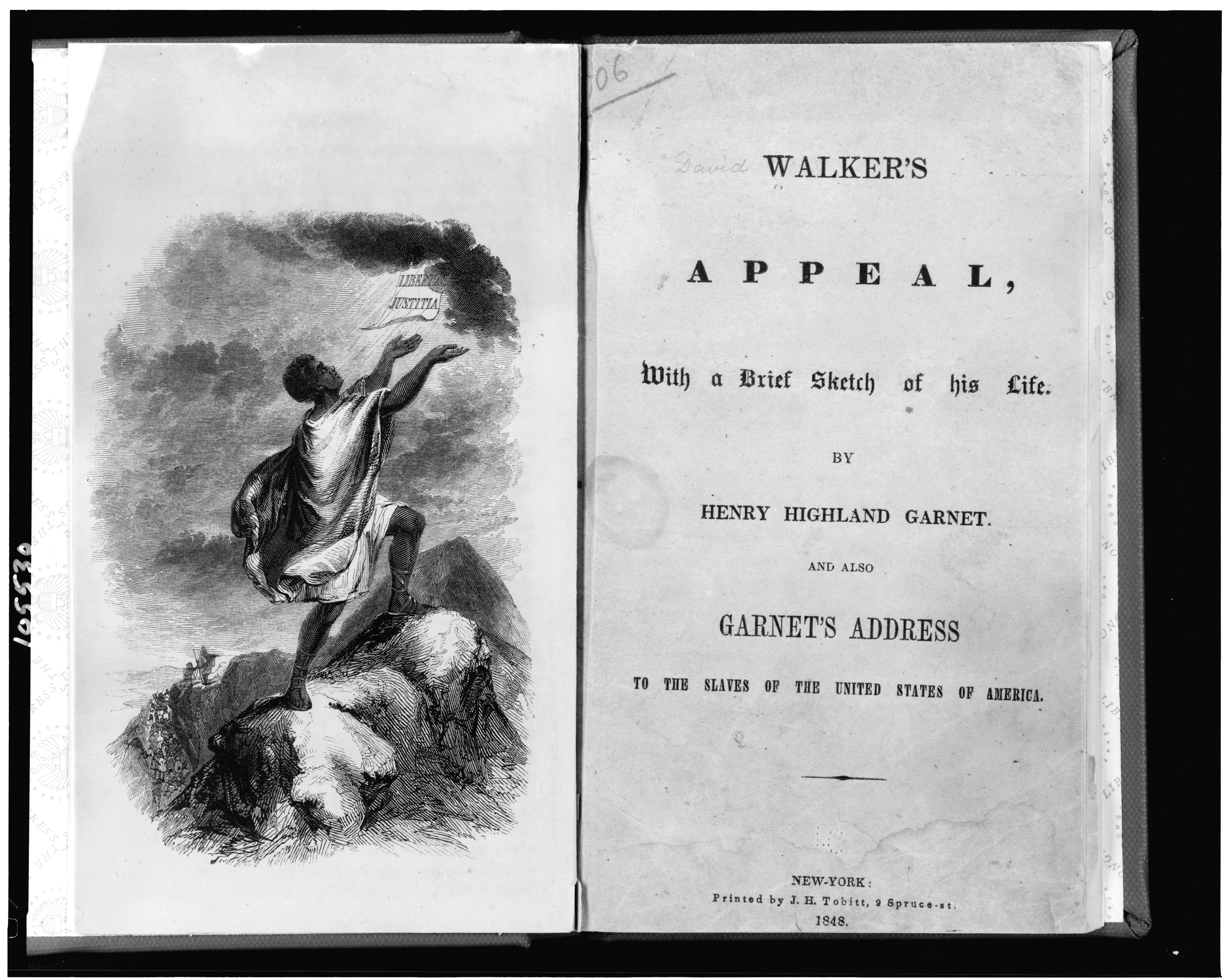 The title page to An Appeal to Heaven along with an illustration showing a slave on top of a mountain with arms raised to a paper with the words LIBERTAS (liberty) and JUSTITIA (justice)