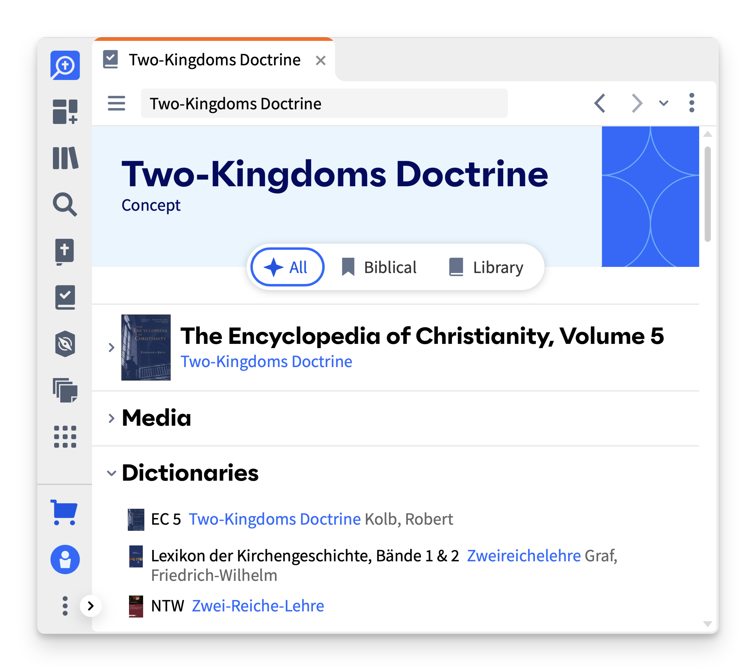 Logos's Factbook tool open to a study theological concepts like the two kingdoms doctrine. 