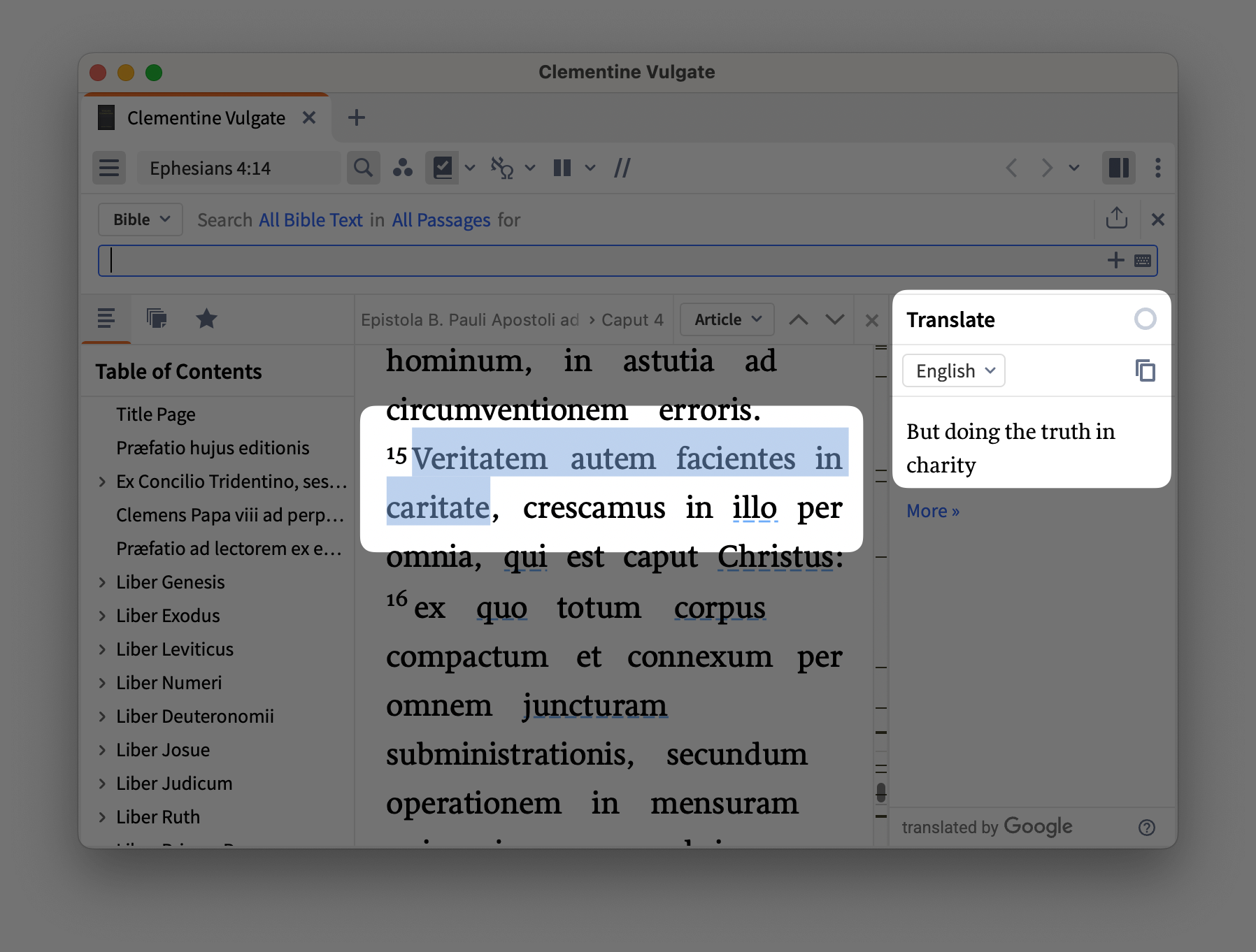 Ephesians 4:15 translation from Latin text in Logos Bible Software tool