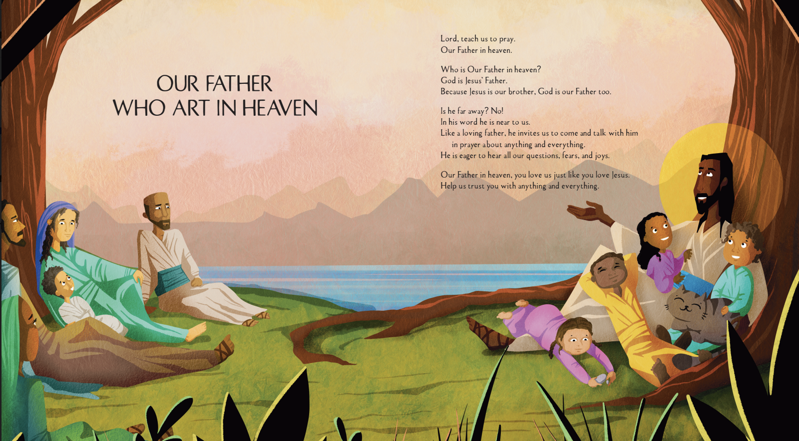 This spread from the FatCat book on the Lord's Prayer shows how it helps you teach kids to pray to the God who hears.