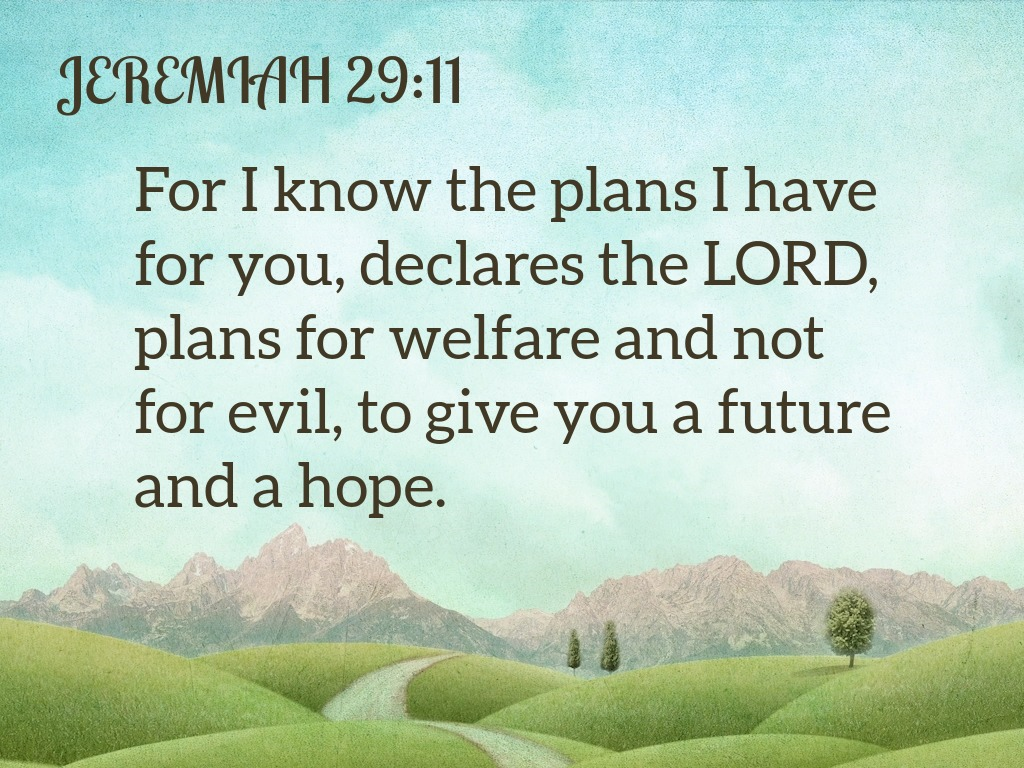 Jeremiah 29:11
For I know the plans I have for you, declares the LORD, plans for welfare and not for evil, to give you a future and a hope.