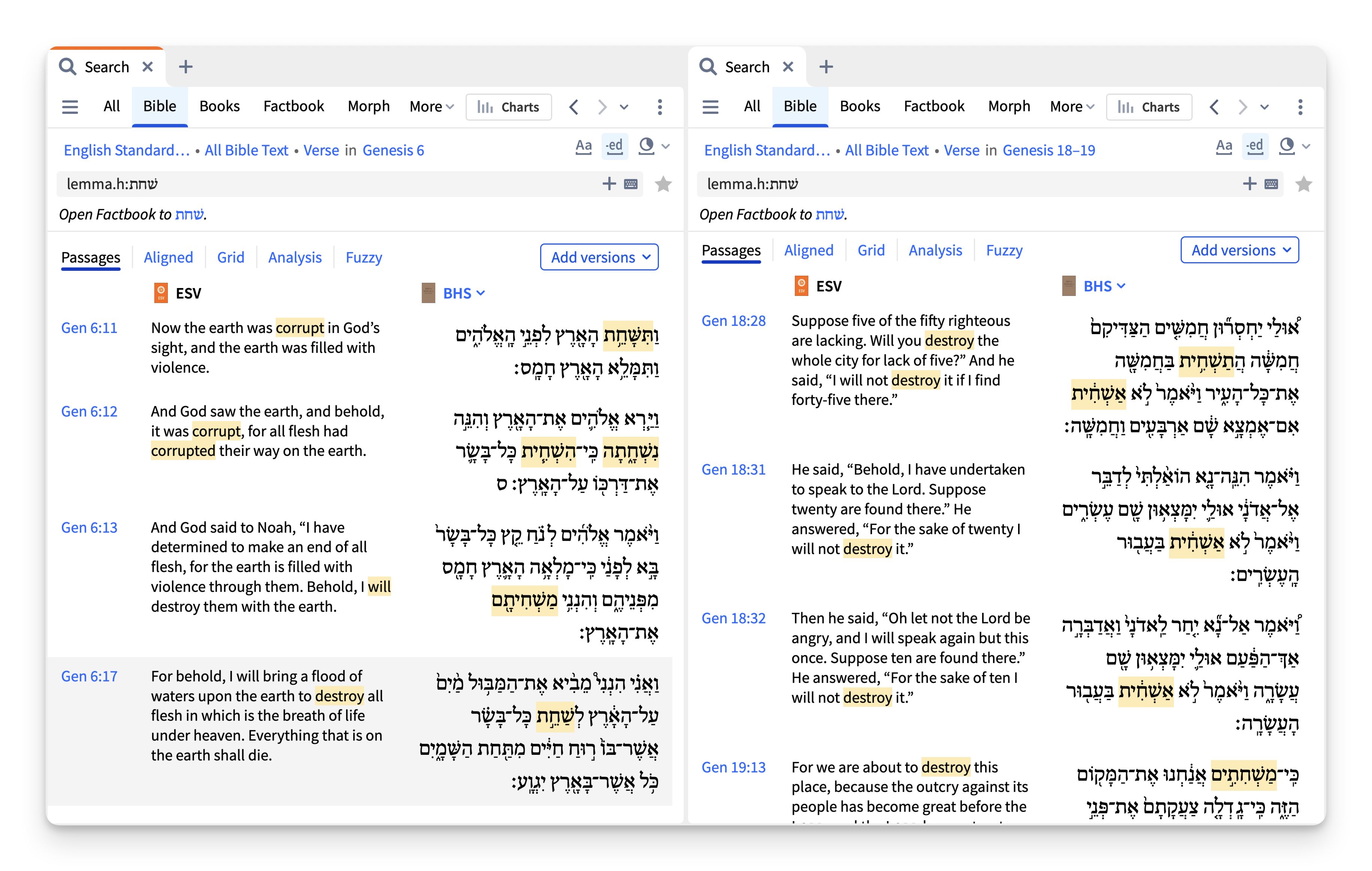 A screenshot of the Logos Bible study platform open to Bible Search of the Hebrew word for destroy in Genesis.