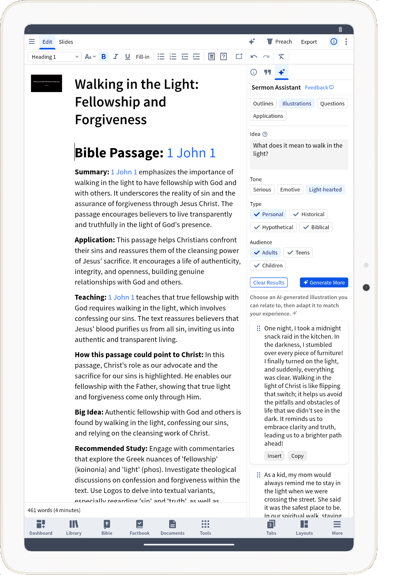 A screenshot of the new Sermon Assistant in Logos open to the Illustrations pane.