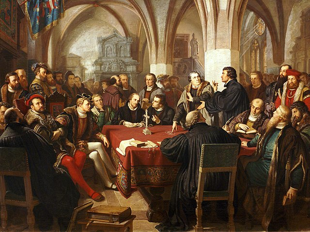 Oil painting of a meeting between Huldrych Zwingli and Martin Luther, leading figures of the Protestant Reformation in 1593. 