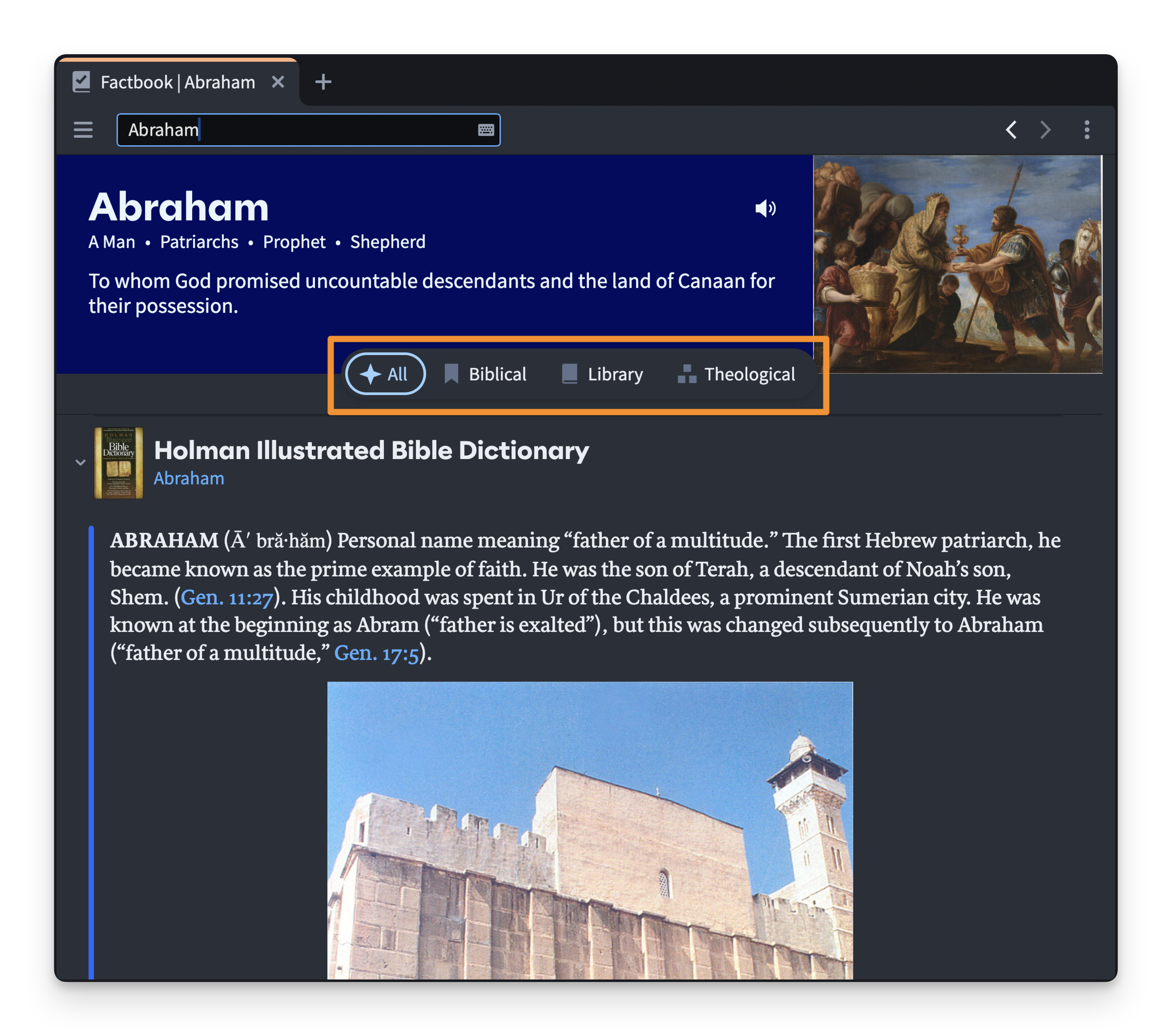 a screenshot of the Logos app in dark mode open to a search of Abraham in the Factbook. 