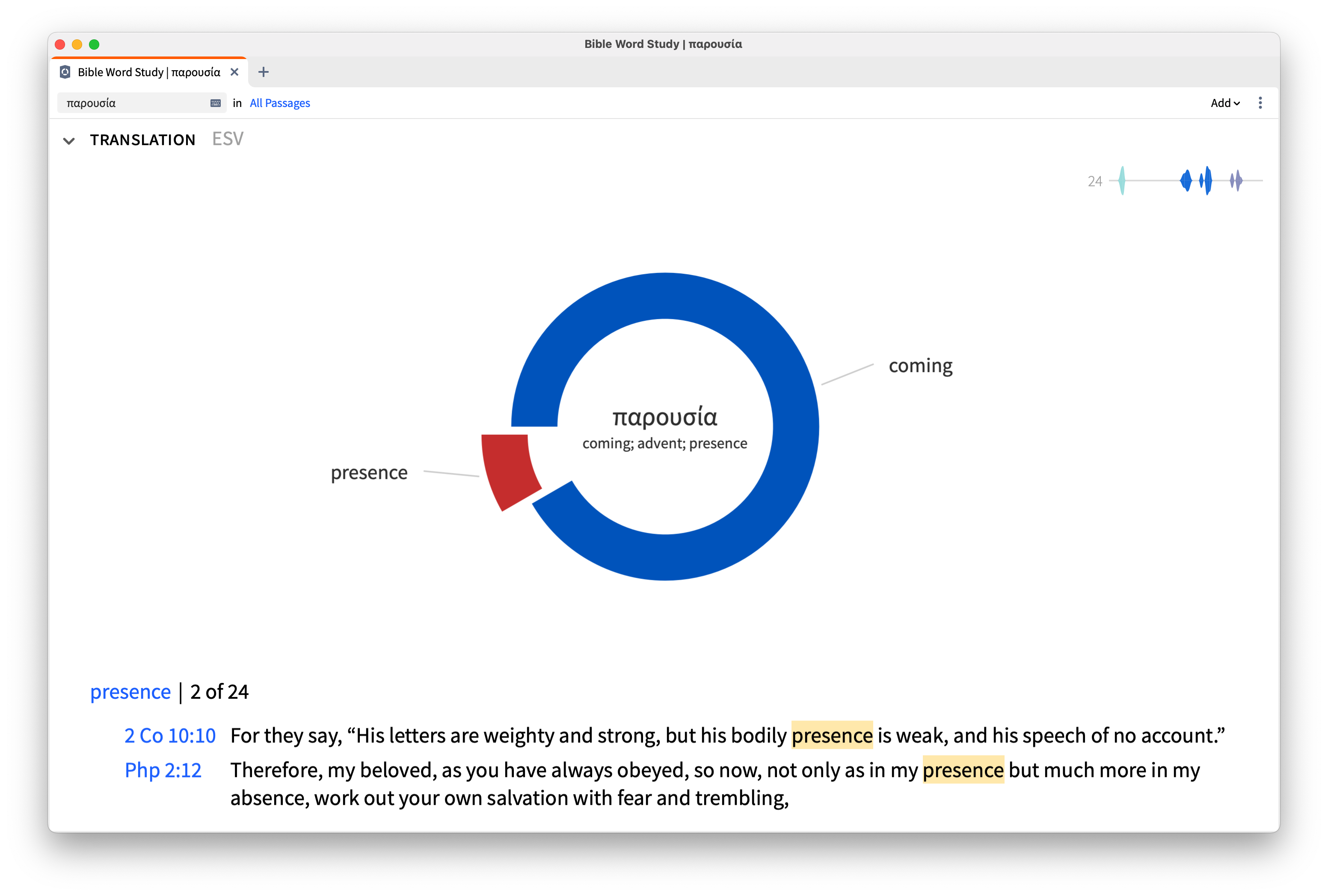 A Bible Word Study on παρουσια (parousia) within the Logos Bible study app