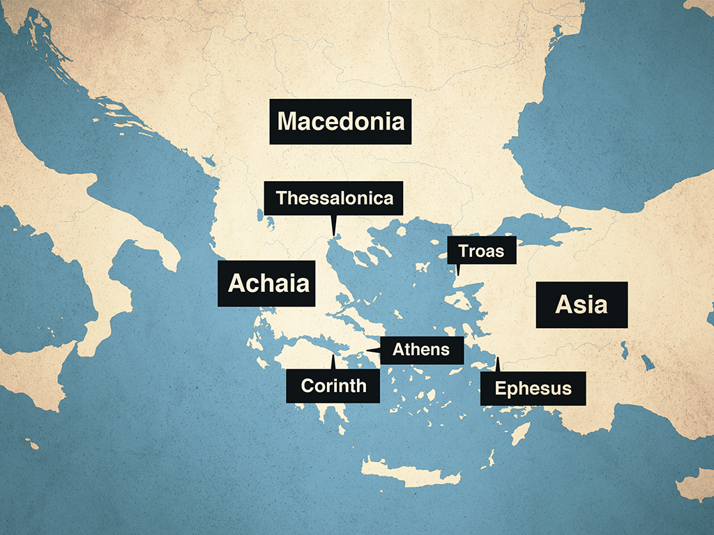 Map of the ancient Mediterranean region featuring cities like Corinth, Athens, and Ephesus.