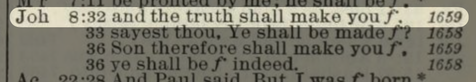 Excerpt of John 8:32 listing in Strong's Concordance