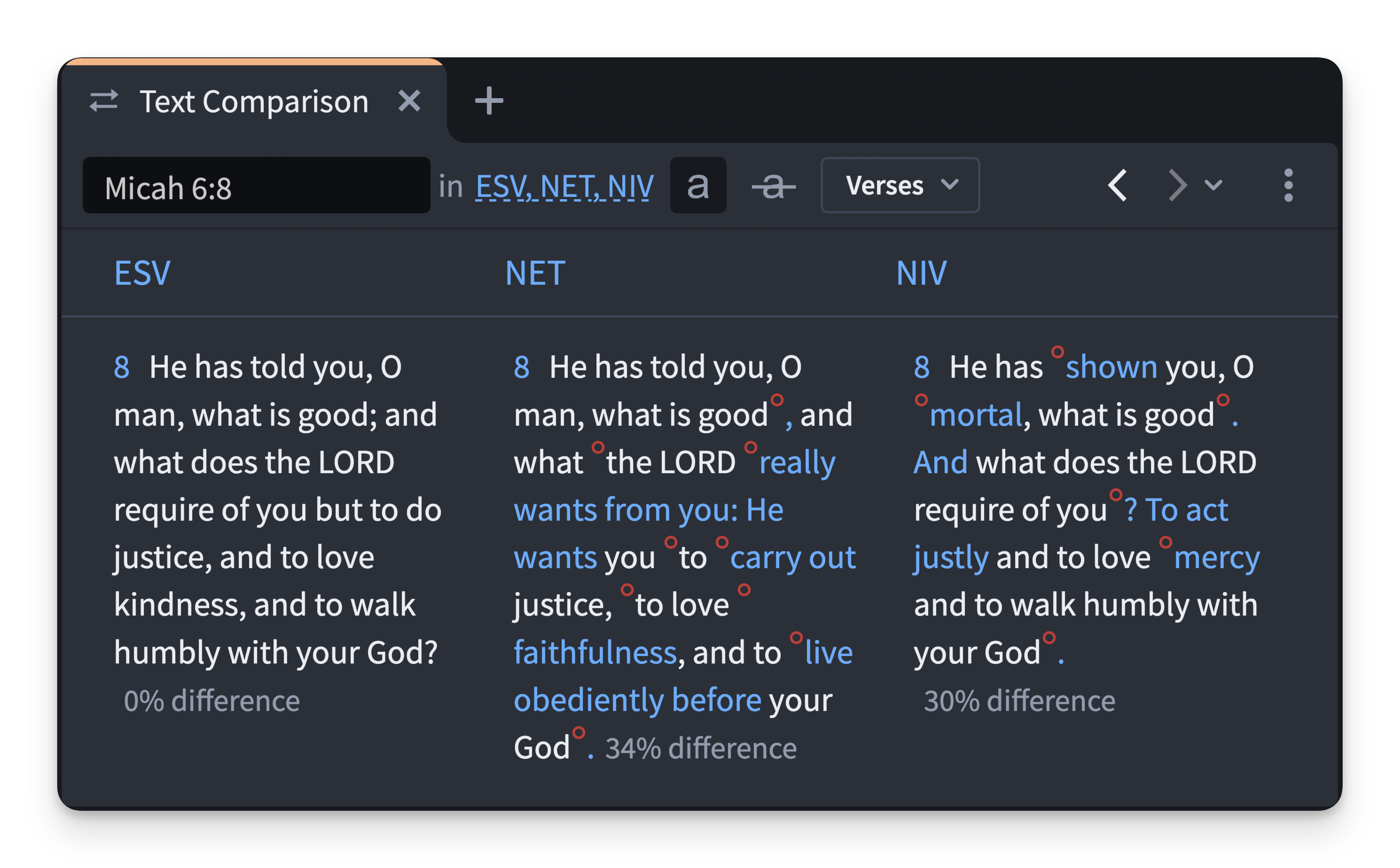 a screenshot of Logos's Text Comparison tool which allows you to easily compare texts between different Bible translations. 