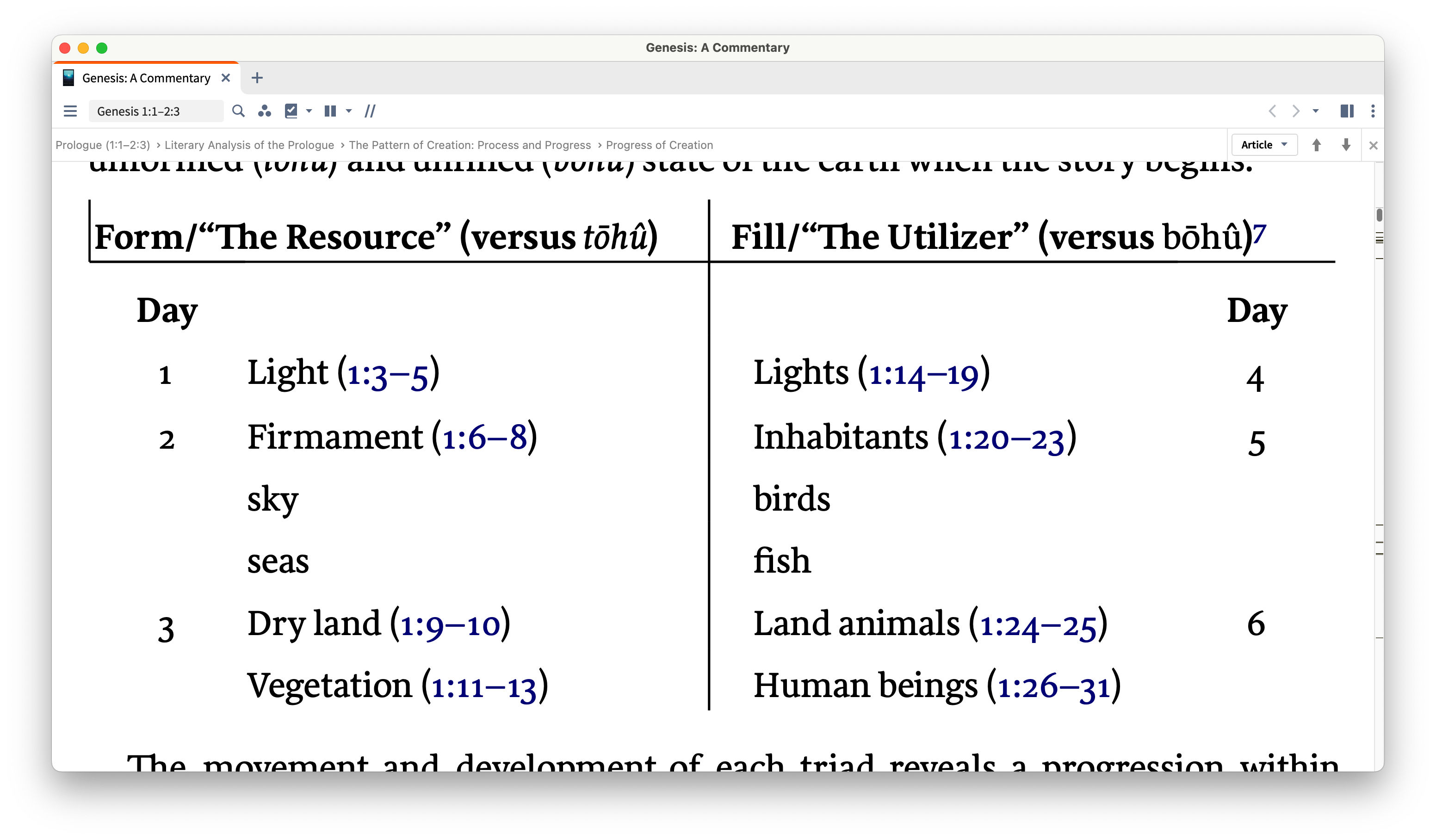 Photo of Genesis Commentary comparing the first six days of creation